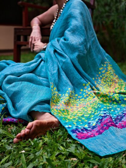 Calyz Blue Linen Saree with Collage Technique - Image 3